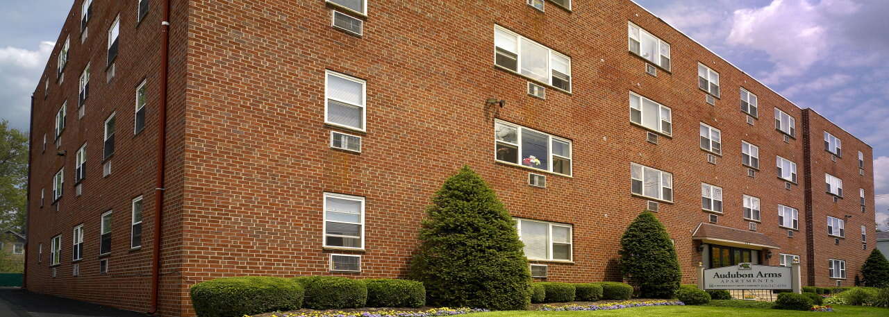 Exterior of Audubon Arms apartments for rent in Audubon, PA