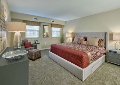 Large master bedroom with two windows and plush carpeted flooring