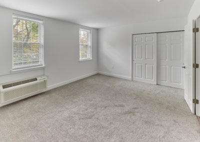 Spacious bedroom with carpet flooring, a large closet, and two windows with window treatments